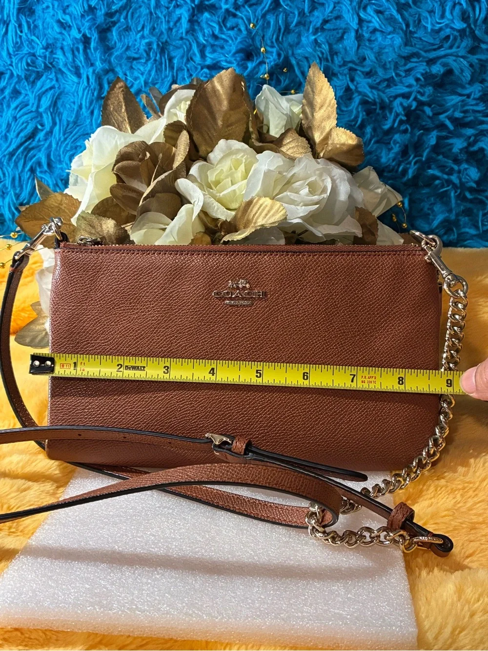 Coach Tan Pebbled Leather Crossbody with Gold Chain